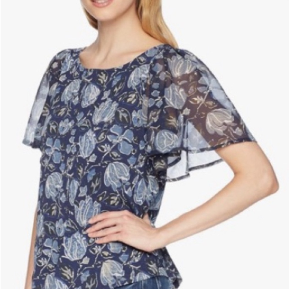 Lucky Brand Top Womens 1X Blue Boho Floral Flutter Sleeves Open Back Scoop Neck